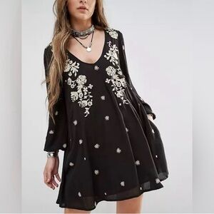 Free People Sweet Tennessee Black Mini Dress with Ivory Floral Embroidery